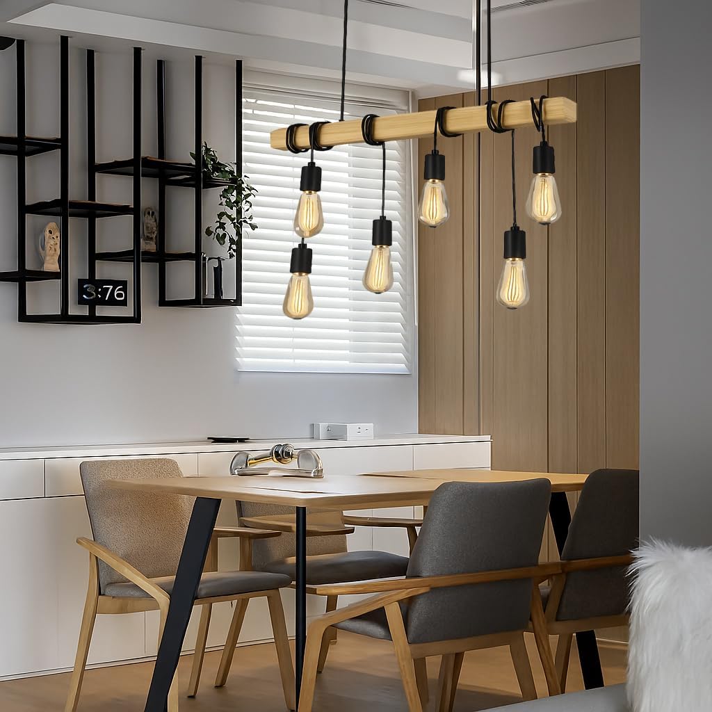 TEKHOME Lampada Sospesa a Soffitto con Paralume in Legno, Lampadario Design Industriale/Scandinavo con Attacco E27, per Cucina Isola Tavolo Bar, 110-240V, (Lampadina Non Inclusa) B47-6