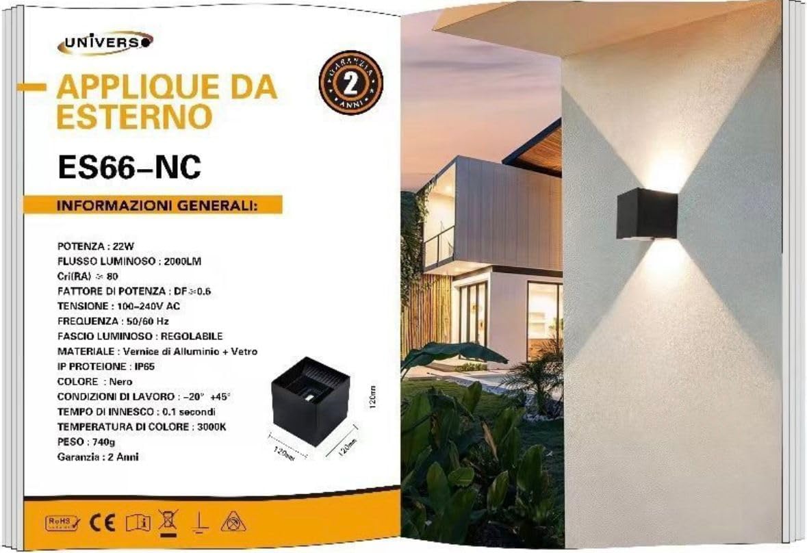 Applique da Esterno LED 22W IP65 – Lampada da Parete Moderna Up&Down Regolabile, Alluminio, 2000 Lumen, Bianco/Nero/Grigio, Luce 3000K/4000K/6500K ES66