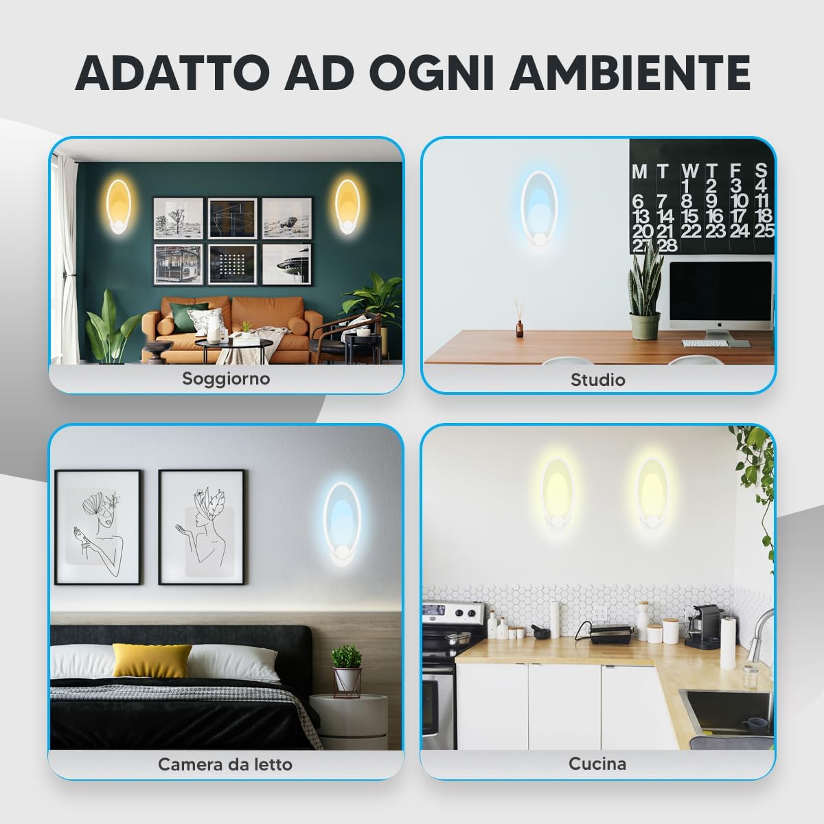 TEKHOME Applique da Parete LED Moderna 9W, Lampada da Parete Bianca Design Ovale, Luce Calda 3000K / Naturale 4000K / Fredda 6500K, 450LM, per Camera da Letto, Soggiorno e Corridoio E25
