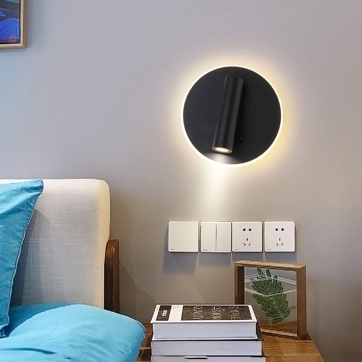 Applique da Muro LED 8W 3000K, Orientabile Rotonda, Bianco/Nero, Moderno Design per Camera da Letto, Corridoio, Soggiorno, Lampada da Parete Interno MR-01