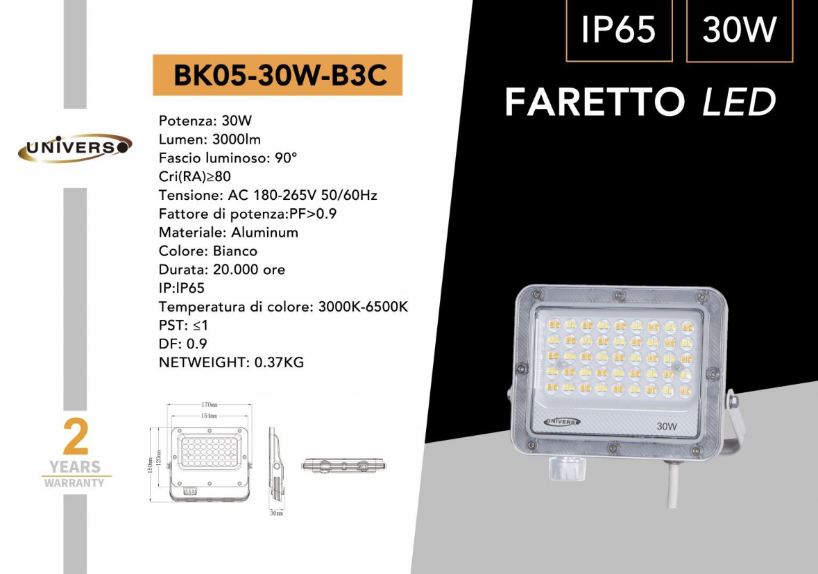 Faretto LED da Esterno BK05 CCT IP65 – 30W 50W 100W 150W 200W, Faro LED Impermeabile 3000K/4000K/6500K, Luce Bianca, Illuminazione Esterni Giardino Cortile Facciata BK05