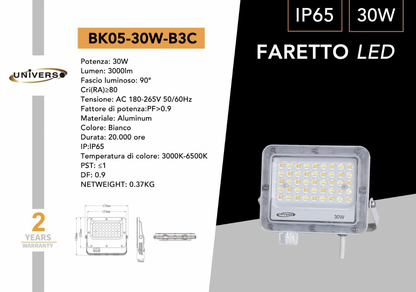 Faretto LED da Esterno BK05 CCT IP65 – 30W 50W 100W 150W 200W, Faro LED Impermeabile 3000K/4000K/6500K, Luce Bianca, Illuminazione Esterni Giardino Cortile Facciata BK05