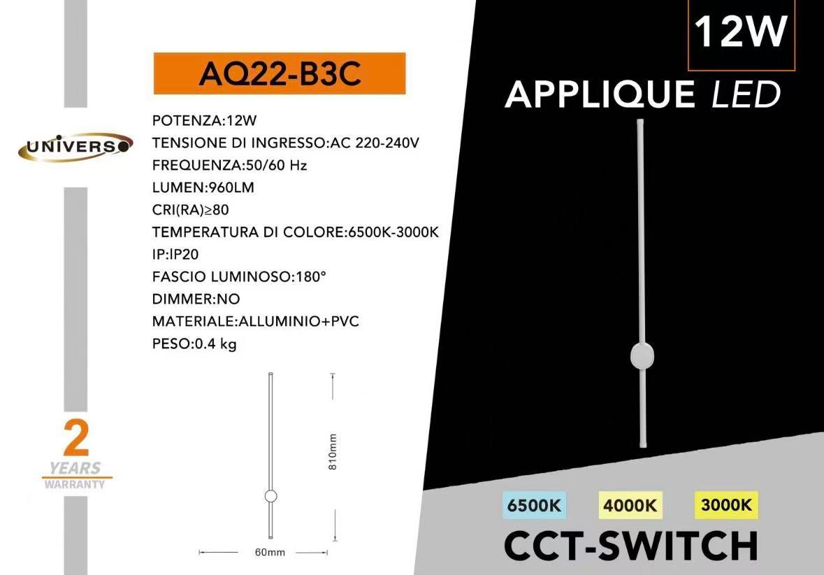 Applique LED 12W CCT 3000K-4000K-6500K, Lampada da Parete Moderna Interno, Luce Calda Naturale Fredda, IP20, Nero/Bianco AQ22