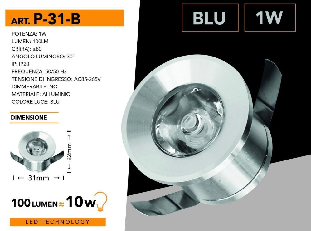 5 Pezzi,Faretti LED da Incasso 1W, Foro Ø32 mm, 80 lm, Luce 3000K/4000K/6500K o Rosso/Verde/Blu, Fascio 30°, AC 110-240V, Corpo in Alluminio, Modello P-31