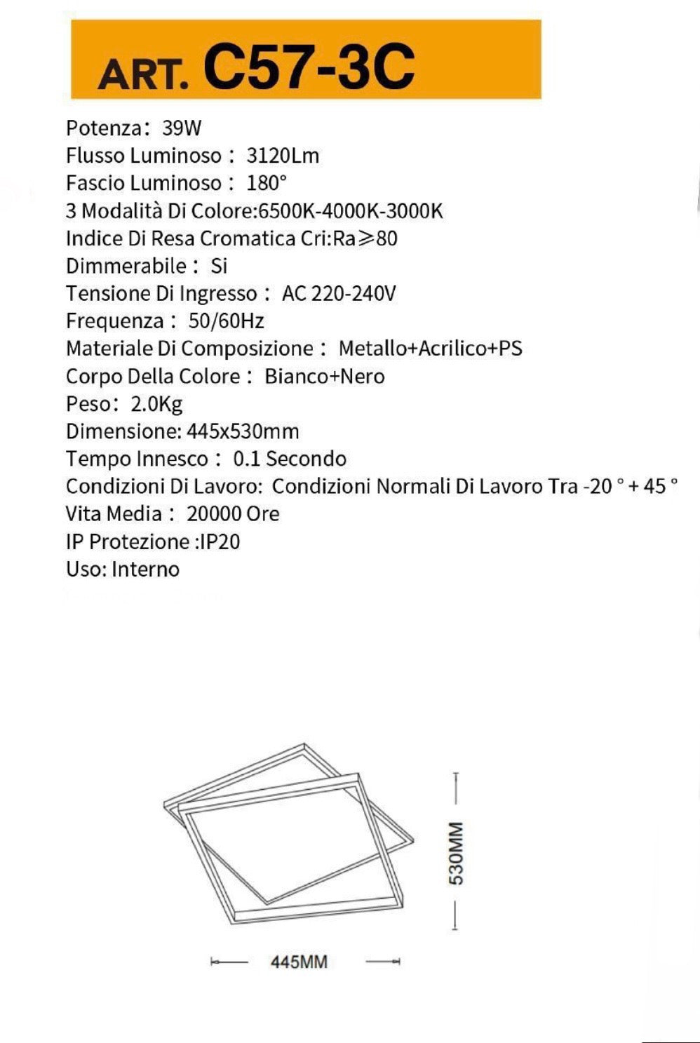 TEKHOME Lampada da soffitto LED 39W, 3120lm, 3 modalità colore, dimmerabile, design moderno a due quadrati sovrapposti, bianco e nero, interno, 445x530mm C57