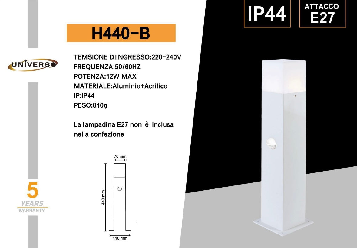 Lampione da Giardino Esterno E27 IP44, Palo Luce LED da Terra in Alluminio per Vialetti, Cortile, Patio, Terrazzo – Altezza 44cm – Compatibile Lampadina E27 (Non Inclusa) H440