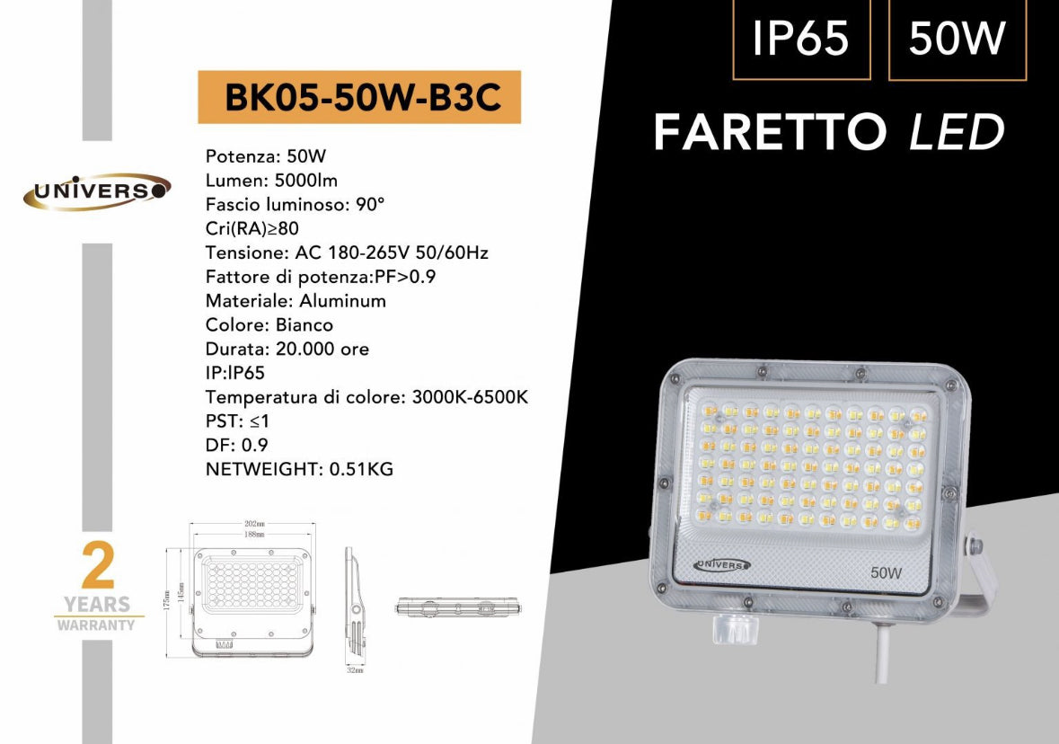Faretto LED da Esterno BK05 CCT IP65 – 30W 50W 100W 150W 200W, Faro LED Impermeabile 3000K/4000K/6500K, Luce Bianca, Illuminazione Esterni Giardino Cortile Facciata BK05