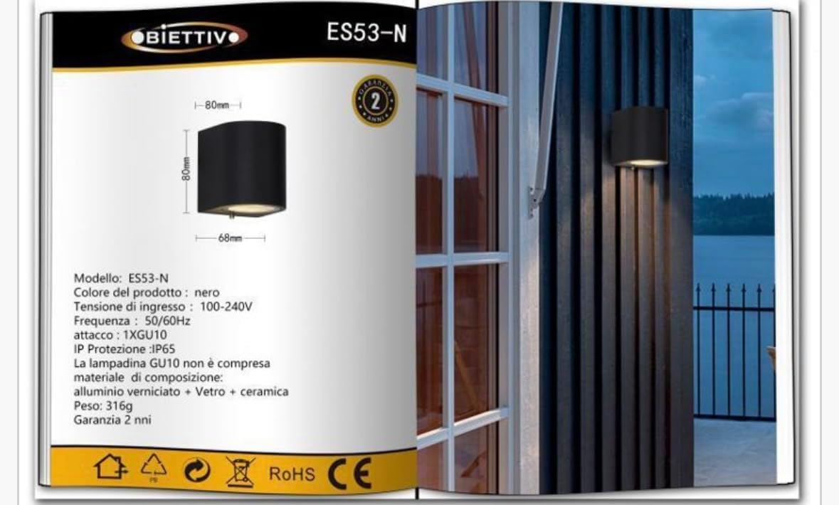 Applique da Esterno 1xGU10 IP65 – Lampada da Parete Impermeabile in Alluminio Verniciato, Luce Diretta, Ideale per Giardino, Balcone e Facciata, Senza Lampadina ES53