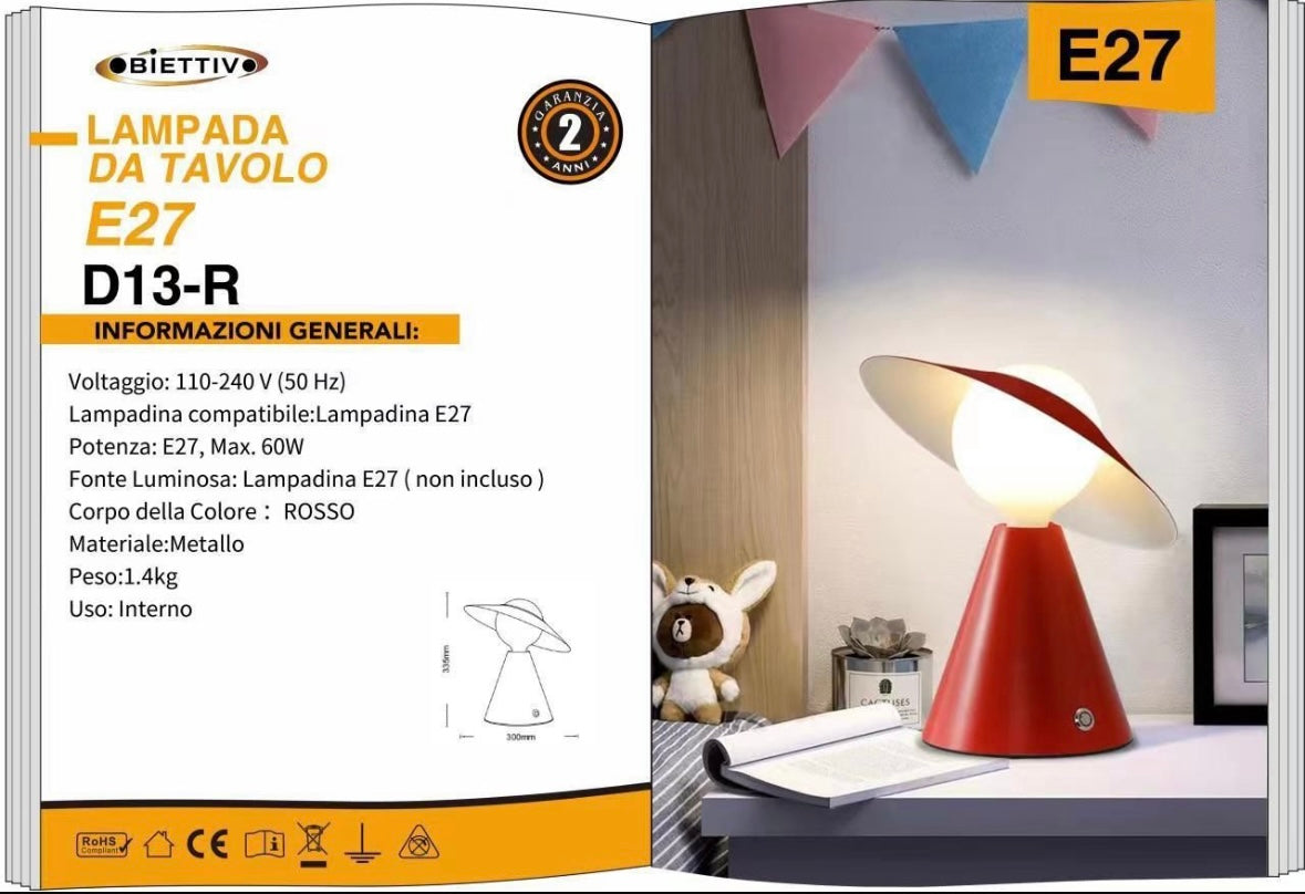 Lampada da Tavolo E27  – Design Moderno con Paralume Inclinato, Lampada da Comodino in Metallo, per Camera da Letto, Soggiorno, Studio   D13