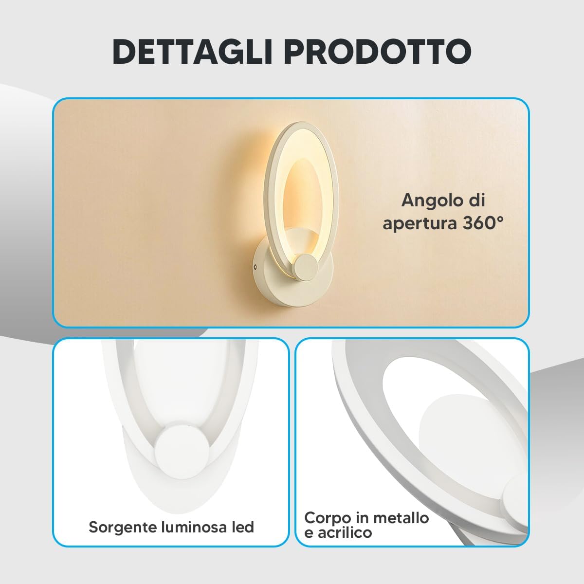 TEKHOME Applique da Parete LED Moderna 9W, Lampada da Parete Bianca Design Ovale, Luce Calda 3000K / Naturale 4000K / Fredda 6500K, 450LM, per Camera da Letto, Soggiorno e Corridoio E25