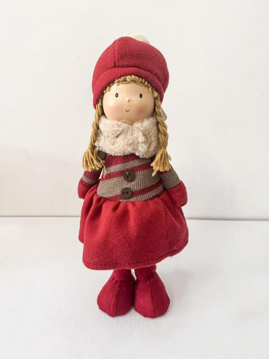 Bambola Natalizia Decorativa 30 cm – Pupazzo di Stoffa con Cappello Rosso e Treccine, Decorazione Natalizia per Casa, Tavolo, Camino, Regalo di Natale