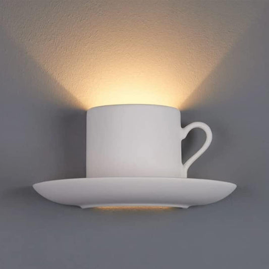 Applique da Parete in Gesso Design Tazza con Piattino, Attacco G9, Verniciabile, Luce Decorativa per Soggiorno e Camera – GS-E85