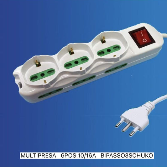 2 Pezzi Multipresa 6 Posti Bipasso + Schuko 10/16A con Interruttore Luminoso, Spina Tipo L 16A, Colore Bianca –Modello X203077