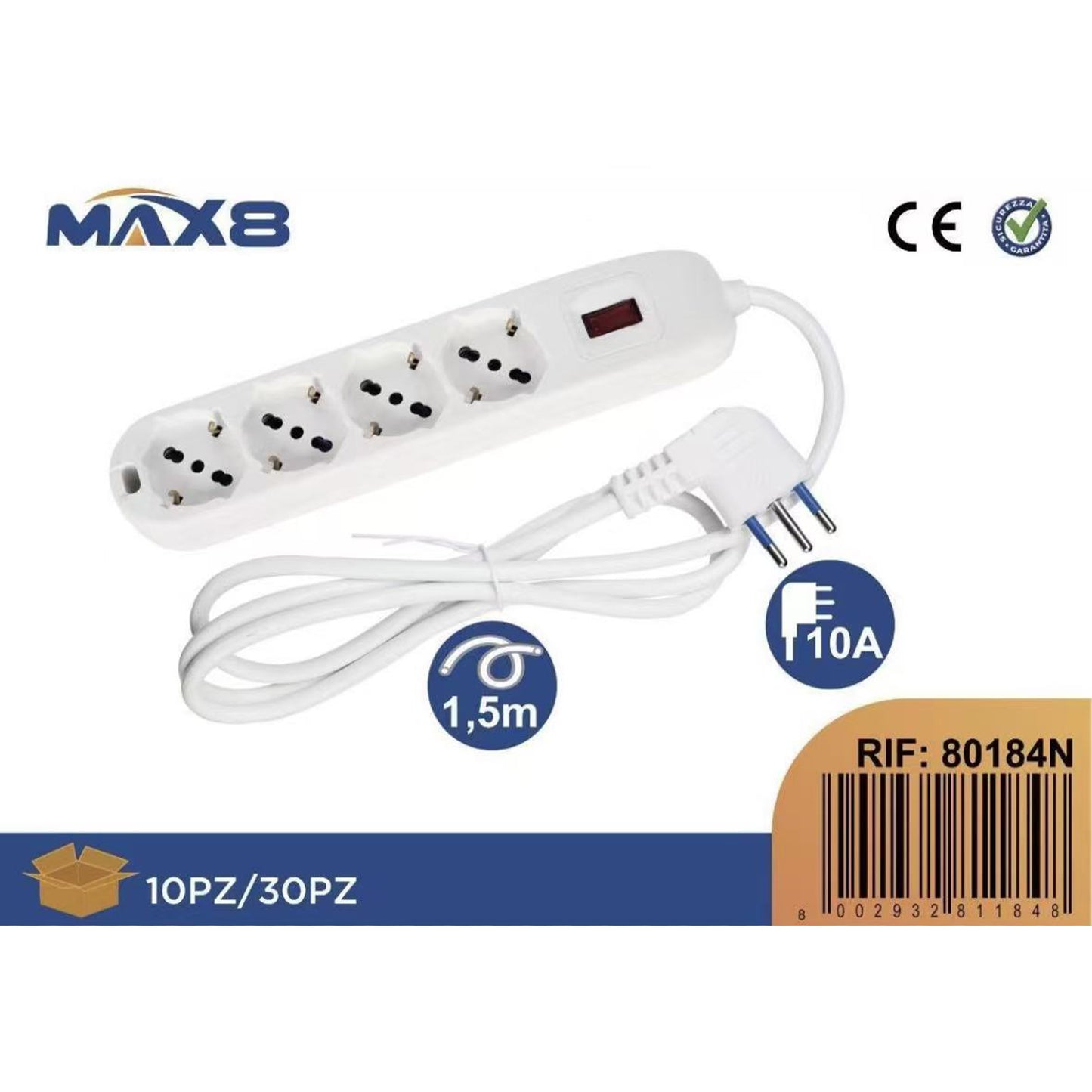2 Pezzi Multipresa 4 Prese Universali 10A con Interruttore, Cavo 1,5 m, Spina Italiana Tipo L, Protezione da Sovraccarico, Bianco – 80184N