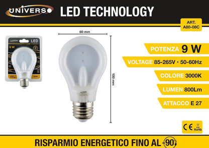Lampadine LED E27 9W, Confezione da 5 Pezzi, 800LM, 3000K/4000K/6500K,Lampadine a Basso Consumo 85-265V, Non Dimmerabili, Modello A80-08