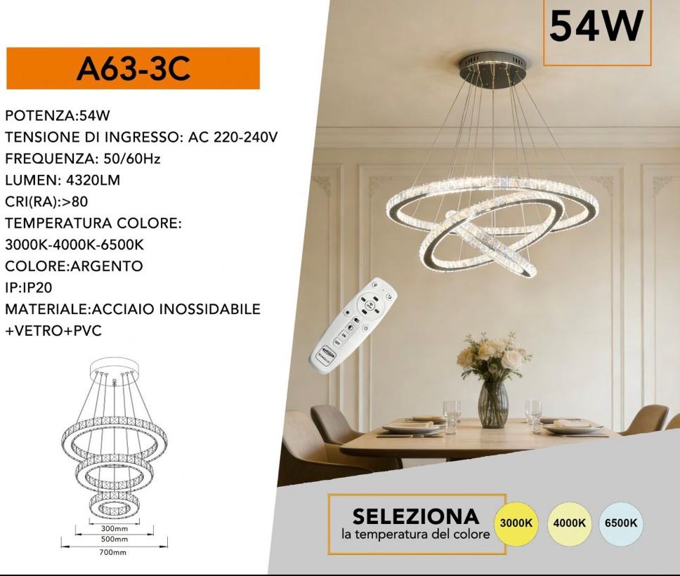 Lampadario LED Moderno a Sospensione 54W con 3 Anelli Cristallo, Telecomando, CCT 3000K 4000K 6500K, Lampada Design per Soggiorno Sala da Pranzo – A63-3C