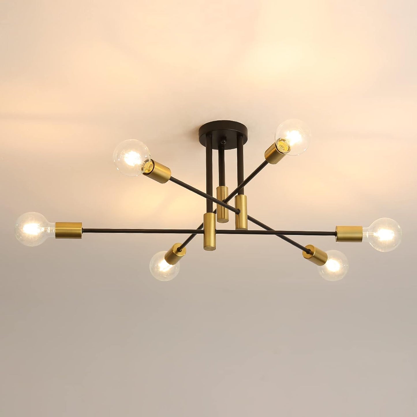 Plafoniera Moderna a Soffitto E27, Lampadario 6 Luci in Metallo Nero e Ottone, Stile Industriale per Soggiorno Cucina Camera da Letto – Attacco E27 (Lampadina Non Inclusa) PN-14