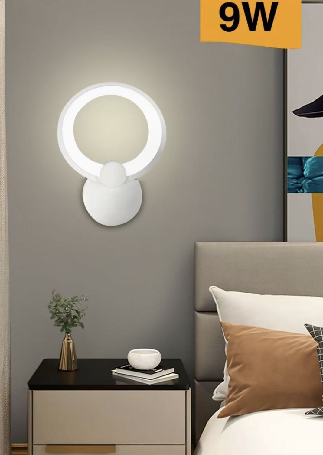 TEKHOME Applique da Parete LED Moderna 9W, Lampada da Parete Bianca Design Rotondo, Luce Calda 3000K / Naturale 4000K / Fredda 6500K, 450LM, per Camera da Letto, Soggiorno e Corridoio E27
