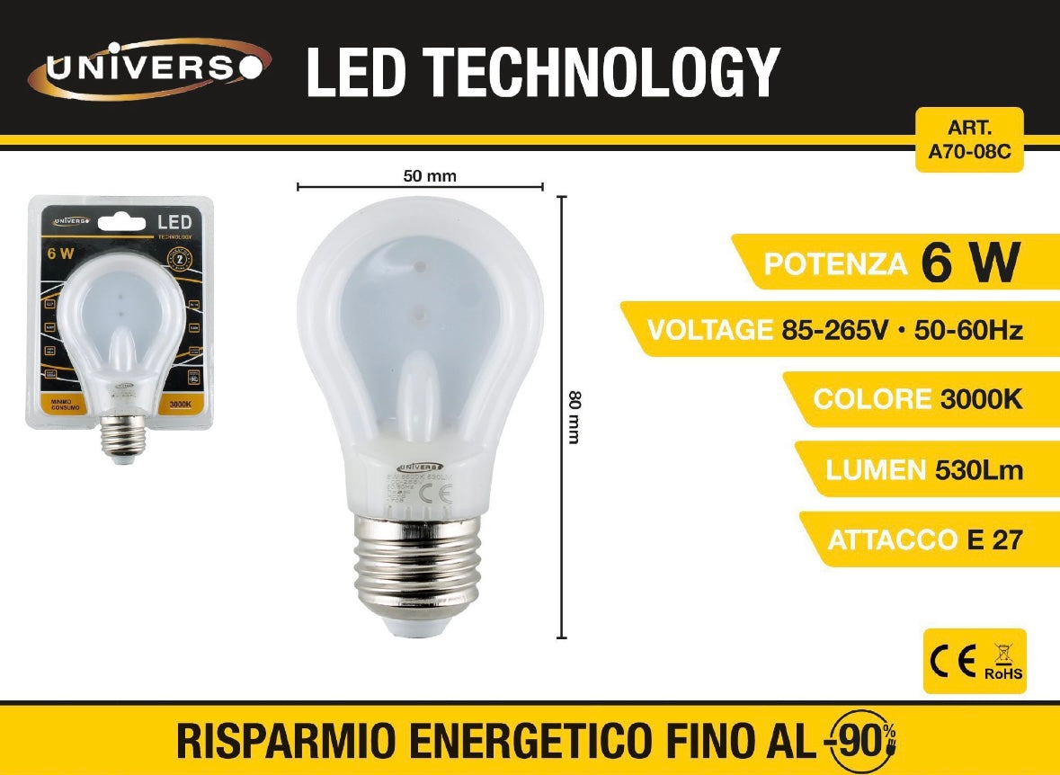 Lampadine LED E27 6W Mini, Confezione da 5 Pezzi, 530LM,LUCE3000K/ 4000K/6500K, Lampadina Compatta a Basso Consumo 85-265V, Modello A70-08