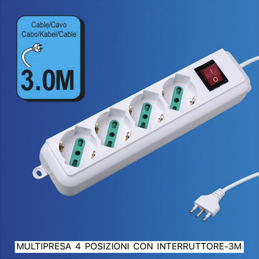 2 Pezzi Multipresa Bipasso Italiana 4 Posti con Interruttore, Spina 10A, Cavo Lungo 3 m, Presa Multipla per Casa e Ufficio, Colore Bianco– C-XSL3004-3M