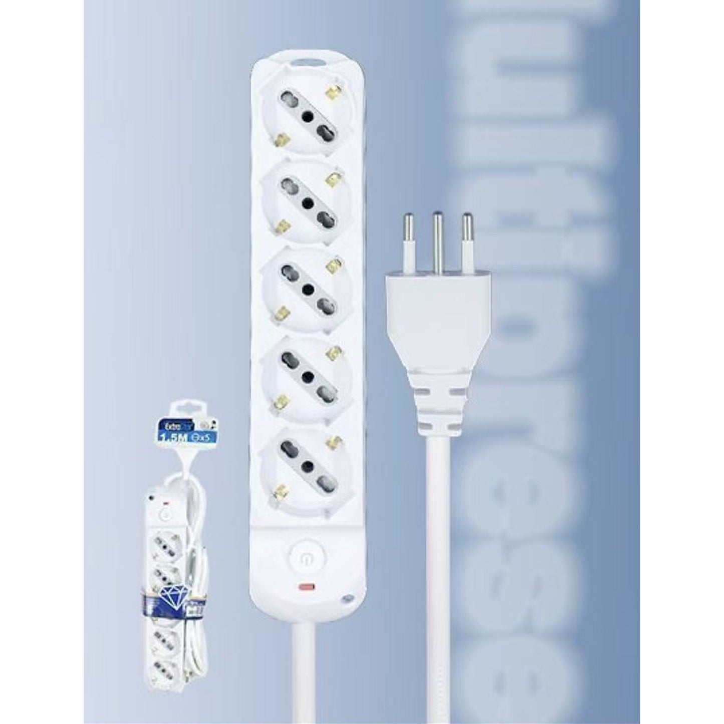 2 Pezzi Multipresa 5 Prese 10/16A con Protezione da Sovraccarico, Spina 10A, Cavo 1,5 m, Interruttore di Sicurezza, Bianca– XSL3525