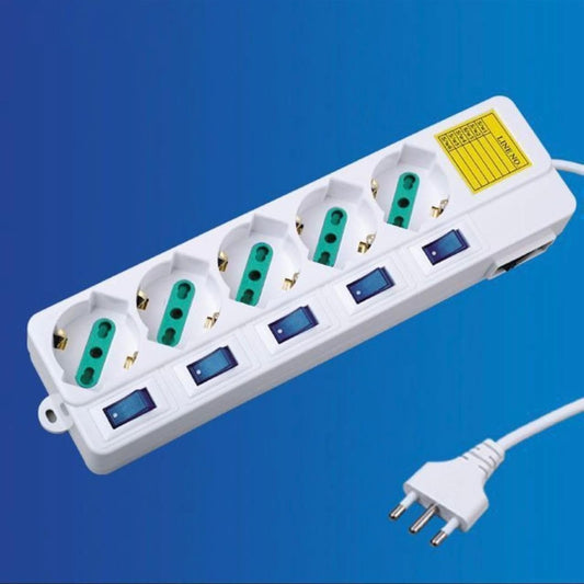 2 Pezzi Multipresa Italiana Bipasso 10/16A 5 Posti con Interruttori Singoli, Presa Multipla con Controllo Individuale, Spina 16A, Cavo 1,5 m, Colore Bianco – C-X203059
