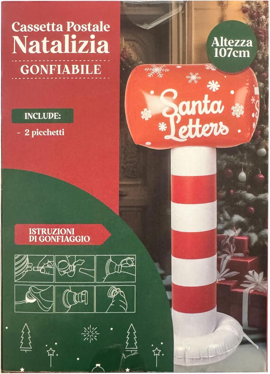Cassetta Postale Natalizia Gonfiabile 107 cm, Decorazione Natalizia con Scritta “Santa Letters”, per Interno ed Esterno, con 2 Picchetti 426903