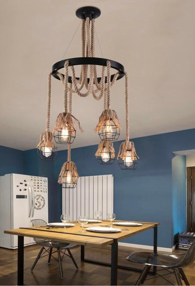 Lampadario sospensione corde in canapa cerchio metallo vintage portalampada e27 A90-6