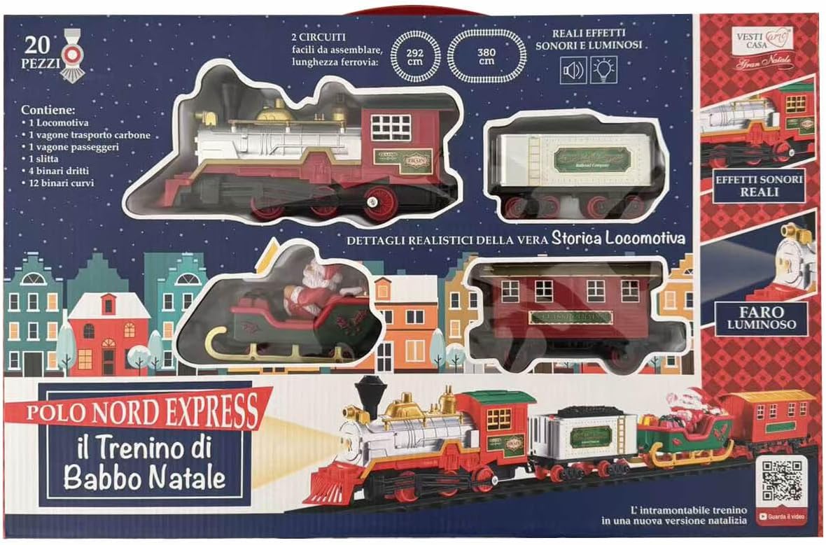 Polo Nord Express Trenino di Babbo Natale con Luci e Suoni | Locomotiva Natalizia Classica con Slitta di Babbo Natale, Binari, Effetti Luminosi e Sonori, 20 Pezzi, Giocattolo Natalizio 107005