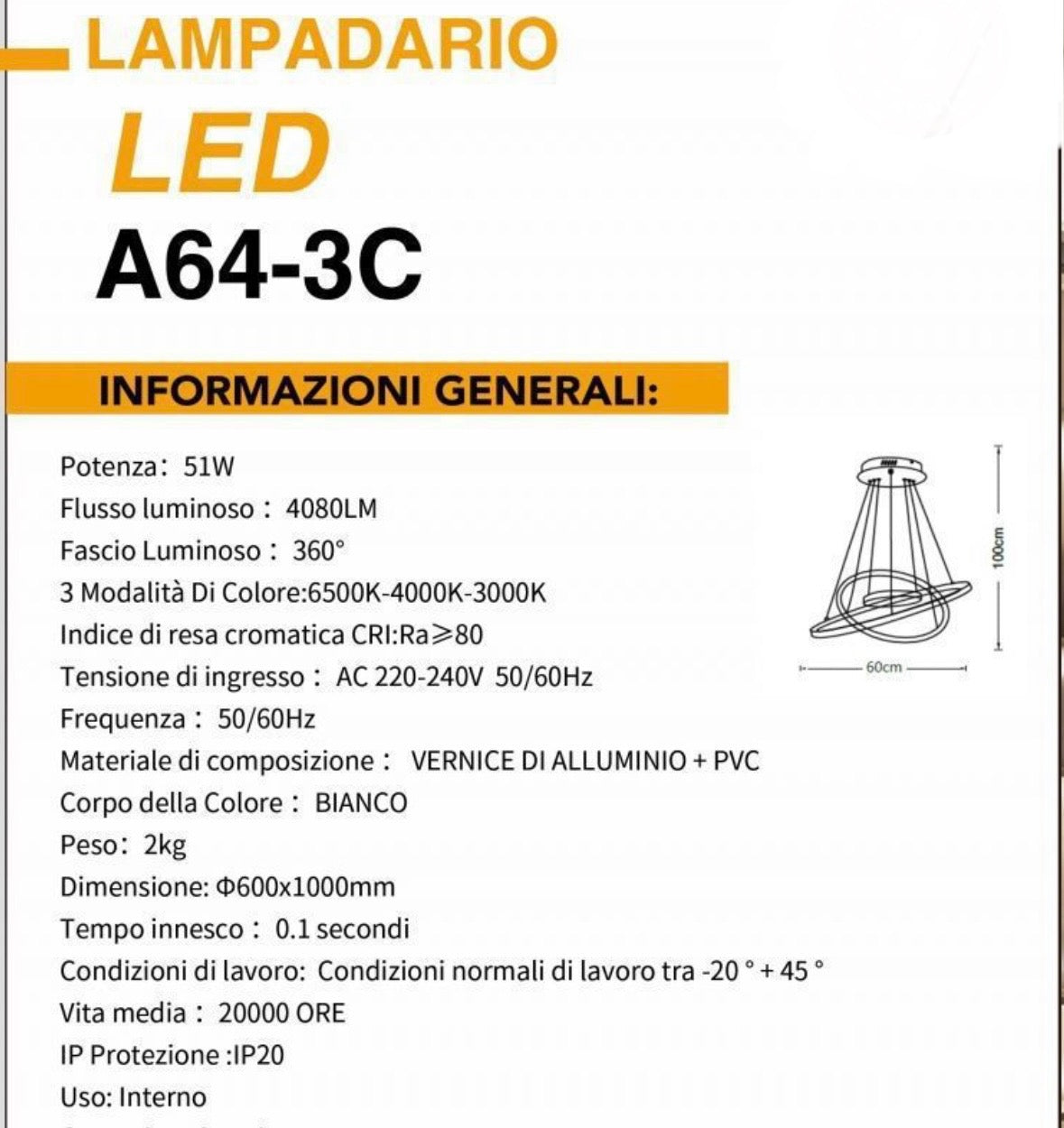 TEKHOME Lampadario a sospensione 51 watt led 3 tonalita luce bianca calda naturale A64-3C