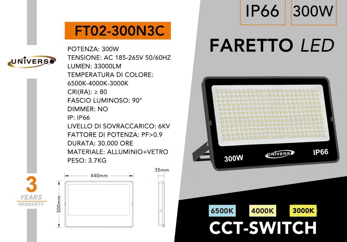 Faro LED Esterno 300W IP66 – Proiettore LED con CCT Switch 3000K 4000K 6500K, Alta Luminosità 33000lm, Impermeabile per Giardino Cortile Magazzino FT02
