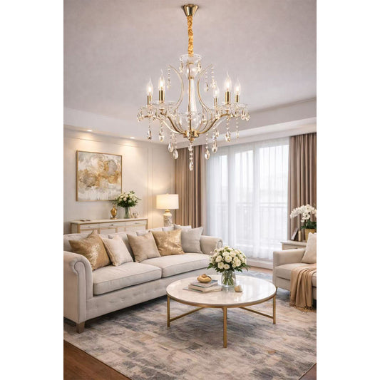 Lampadario in Cristallo Classico 5 Luci E14, Struttura in Metallo e Vetro Trasparente, Stile Elegante per Soggiorno e Sala da Pranzo – A60-5