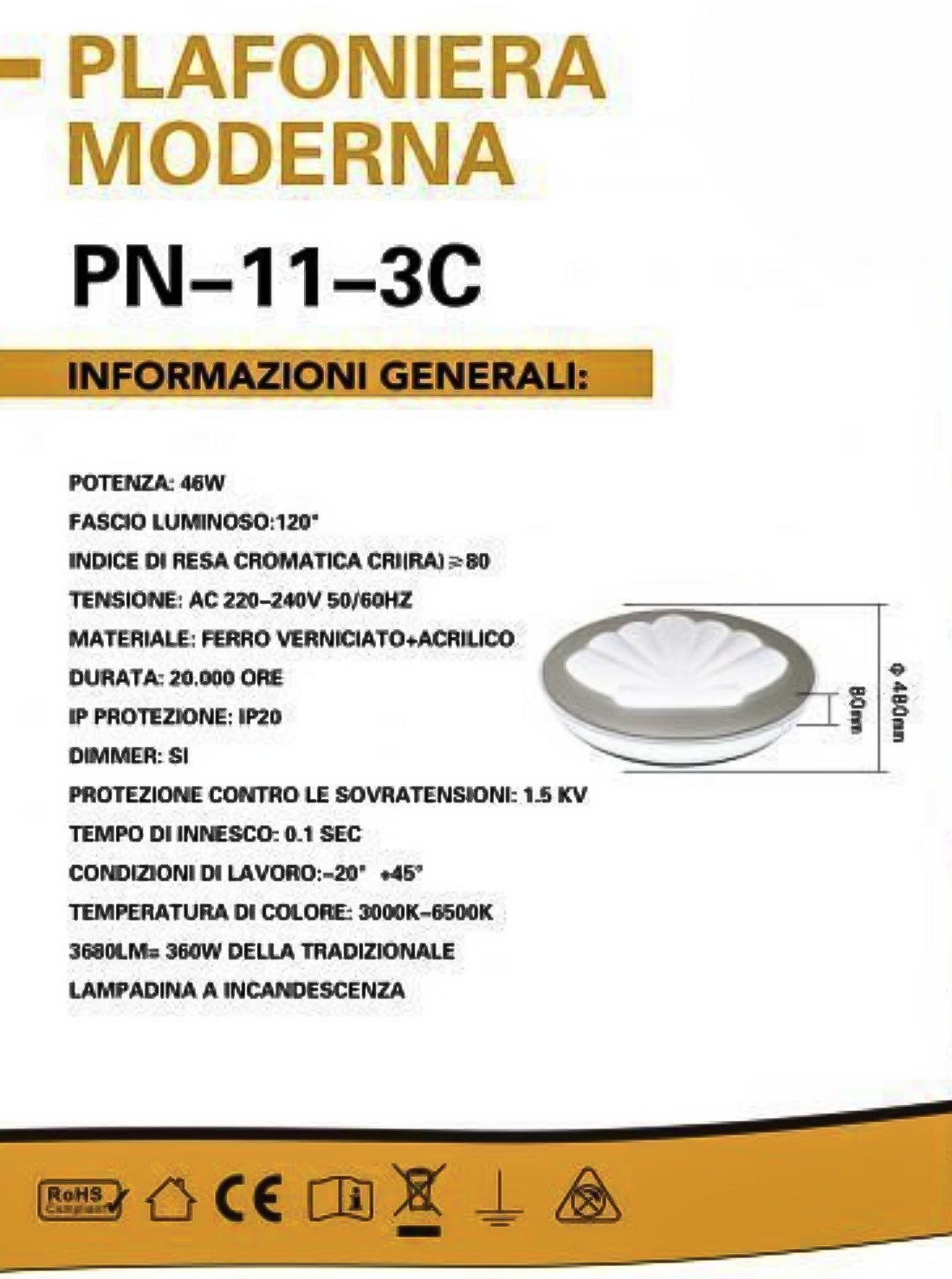 TEKHOME Plafoniera LED Moderna 46W con Telecomando e Bluetooth, Dimmerabile 3000K-6500K, Ø48cm, Design a Conchiglia, Luce Soffitto per Soggiorno Camera da Letto, IP20, CRI＞80, 3680LM, PN-11-3C