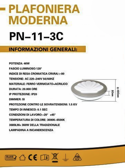 TEKHOME Plafoniera LED Moderna 46W con Telecomando e Bluetooth, Dimmerabile 3000K-6500K, Ø48cm, Design a Conchiglia, Luce Soffitto per Soggiorno Camera da Letto, IP20, CRI＞80, 3680LM, PN-11-3C