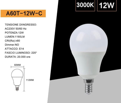 Lampadina LED E14 12W 1160LM, Luce Calda 3000K / Naturale 4000K / Fredda 6500K, Non Dimmerabile, Lampadine LED Risparmio Energetico – Confezione 6 Pezzi – A60T-12W