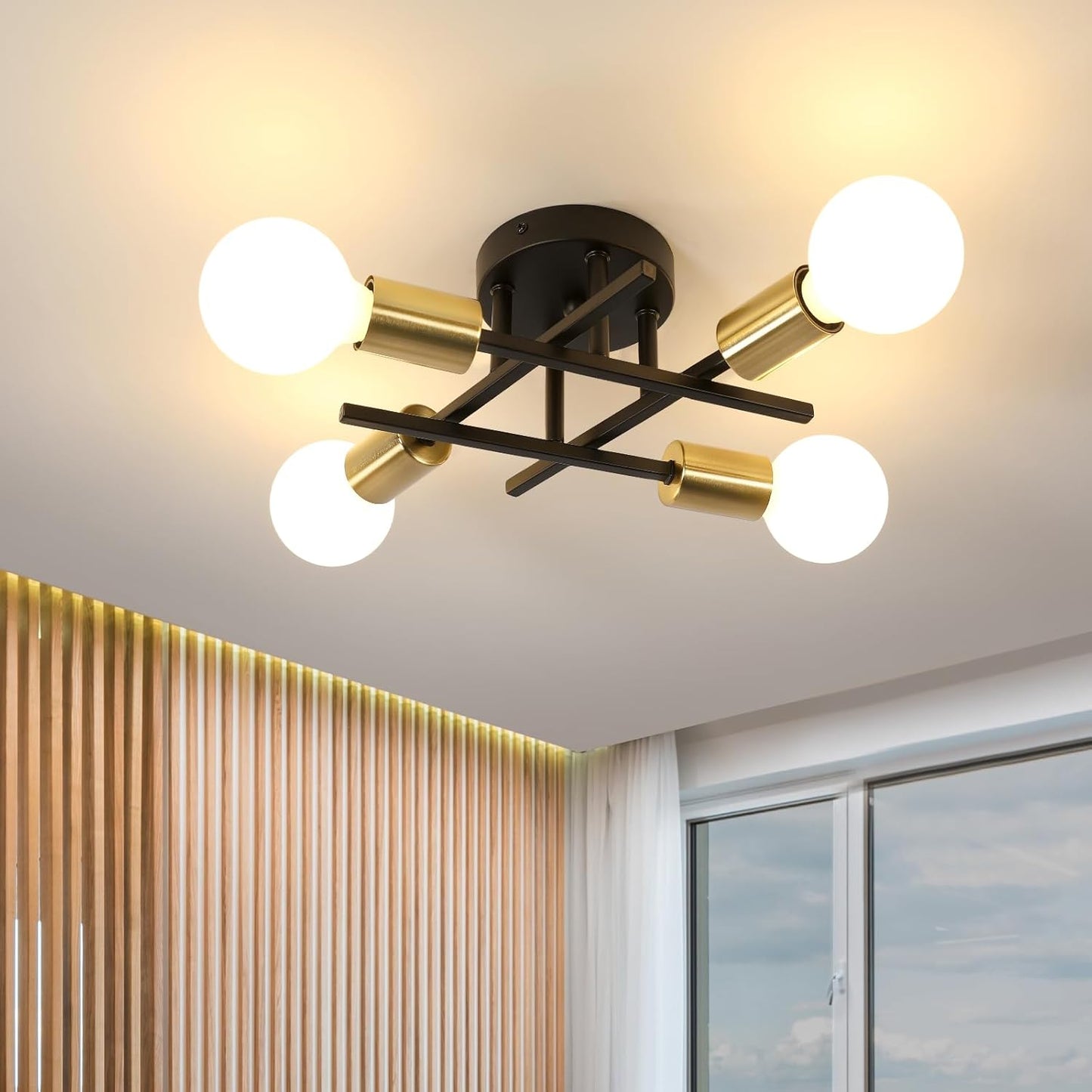 Plafoniera Industriale E27 a 4 Luci, Lampadario da Soffitto in Metallo Nero e Ottone, Attacco E27, Design Moderno Industriale per Cucina Soggiorno Camera da Letto – PN-16 (Lampadina Non Inclusa)