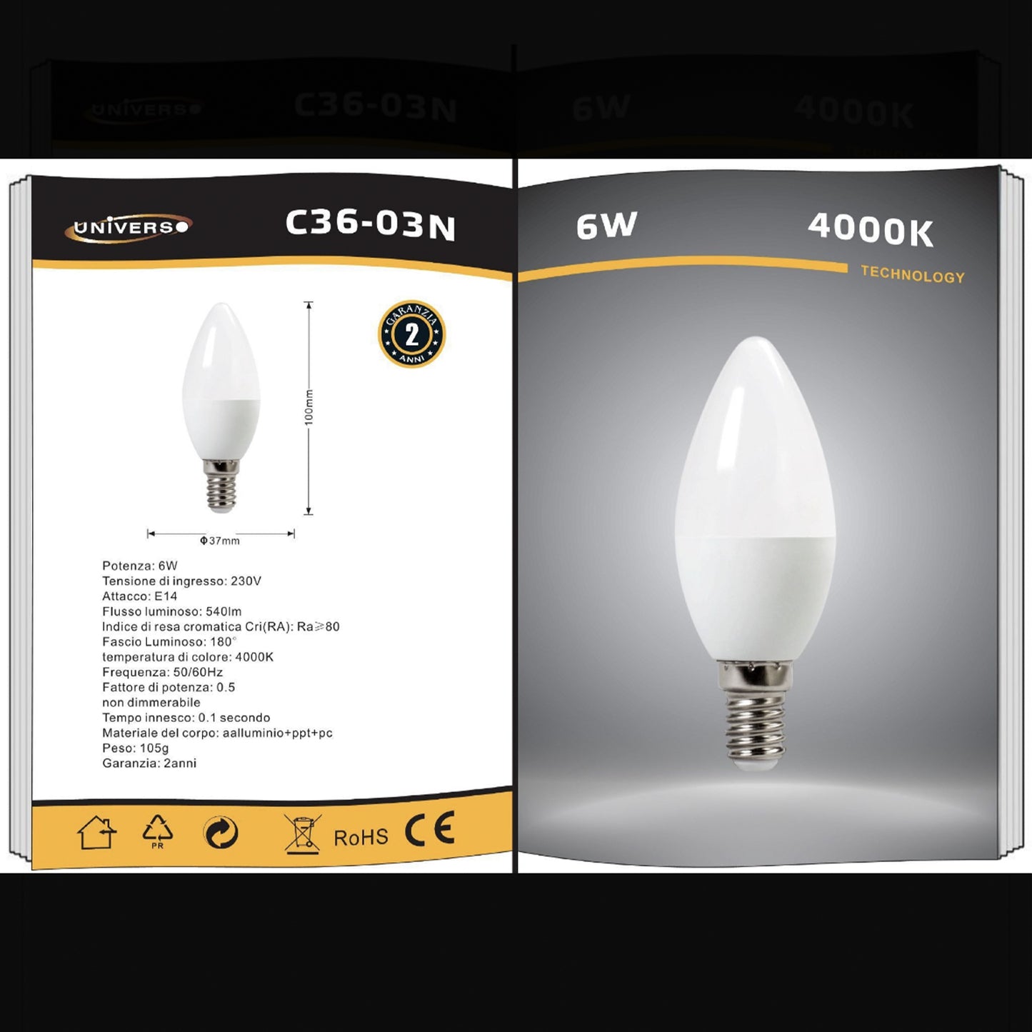 6 Pezzi - Lampadina LED E14 Candela 6W, 540 Lumen, 230V, Luce a Candela per Lampadari, Risparmio Energetico C36-03