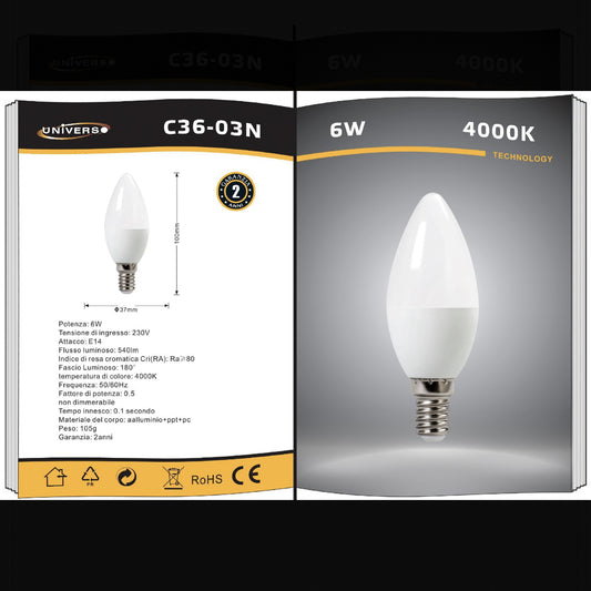 6 Pezzi - Lampadina LED E14 Candela 6W, 540 Lumen, 230V, Luce a Candela per Lampadari, Risparmio Energetico C36-03