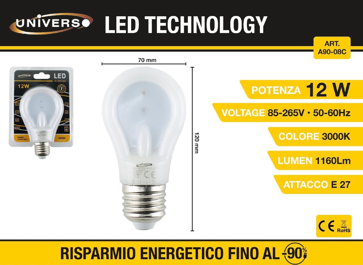 Lampadine LED E27 12W, Confezione da 5 Pezzi, 1160LM, Luce 3000K/4000K/6500K, Lampadine a Basso Consumo 85-265V, Non Dimmerabili, Modello A90-08