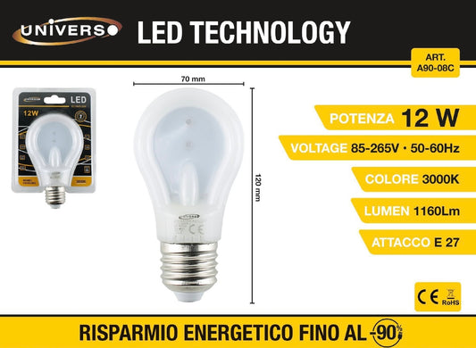 Lampadine LED E27 12W, Confezione da 5 Pezzi, 1160LM, Luce 3000K/4000K/6500K, Lampadine a Basso Consumo 85-265V, Non Dimmerabili, Modello A90-08
