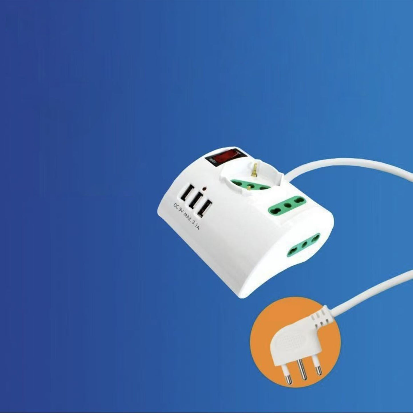 Multipresa da Tavolo con USB, 2 Prese Schuko 10/16A + 3 Porte USB 5V 3.1A, Cavo 1,5 m, Interruttore di Sicurezza, Bianca – XSL2602A
