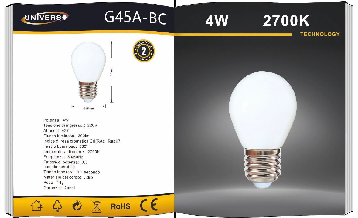 5PZ Lampadina LED E14 G45 4W, Mini Globo Opaco, 300LM, Luce Calda 2700K / Naturale 4000K / Fredda 6500K, Non Dimmerabile, 220V, per Lampadari e Abat Jour, G45-B Series