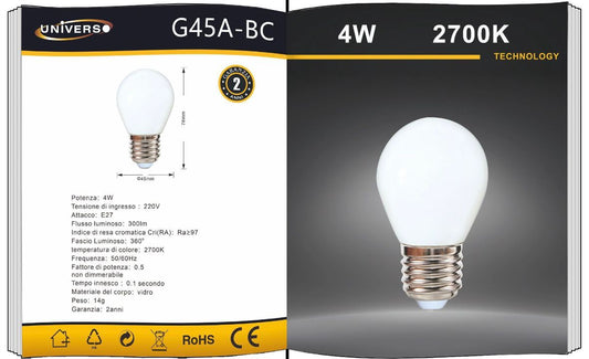 5PZ Lampadina LED E14 G45 4W, Mini Globo Opaco, 300LM, Luce Calda 2700K / Naturale 4000K / Fredda 6500K, Non Dimmerabile, 220V, per Lampadari e Abat Jour, G45-B Series