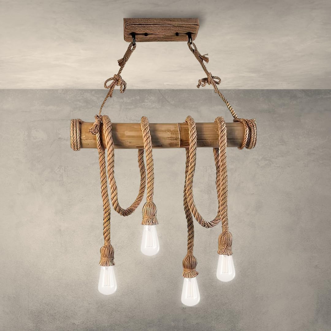 Lampadario Vintage Retro in Corda di Bambù con 4 Teste a Sospensione, Lampadario Corda Canapa Industriale 40W E27 per Cucina Soggiorno Sala da Pranzo Bar Caffè Ristorante Pizzeria Locale  B23