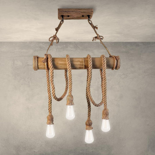 Lampadario Vintage Retro in Corda di Bambù con 4 Teste a Sospensione, Lampadario Corda Canapa Industriale 40W E27 per Cucina Soggiorno Sala da Pranzo Bar Caffè Ristorante Pizzeria Locale  B23