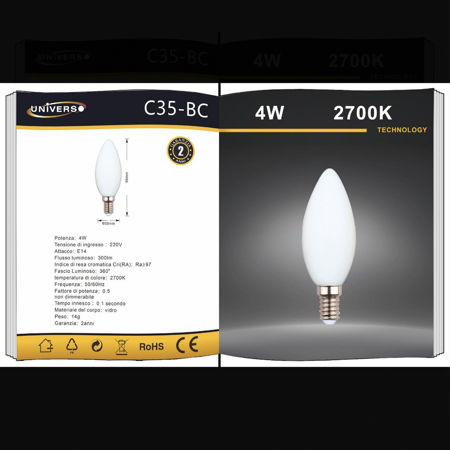5 Pezzi Lampadina LED E14 4W Candela – 300lm, 360°, 2700K/4000K/6500K Luce Bianca | Modello C35-B