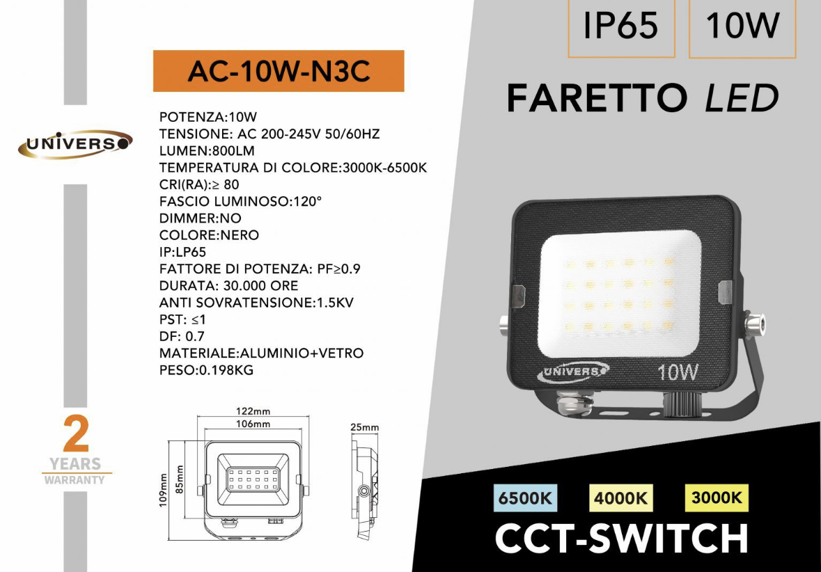 Faretto LED da Esterno IP65 – CCT Switch 3000K/4000K/6500K, 10W–50W, Faro LED Impermeabile per Giardino, Cortile, Garage- Serie AC