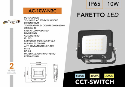 Faretto LED da Esterno IP65 – CCT Switch 3000K/4000K/6500K, 10W–50W, Faro LED Impermeabile per Giardino, Cortile, Garage- Serie AC