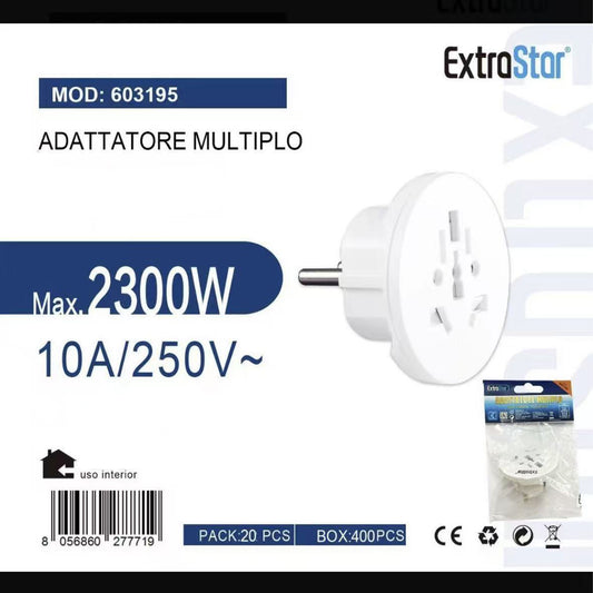 5 Pezzi Adattatore Multiplo Universale 2300W, Spina Europea Schuko, Presa Multistandard per Italia/UE, per Casa e Viaggio – MOD 603195