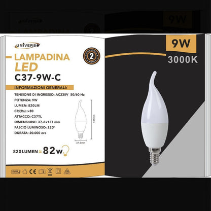 Lampadine LED E14 C37 9W, Set da 6 Pezzi, Luce a Candela, Risparmio Energetico, CRI>80, 230V – Modello C37-9W